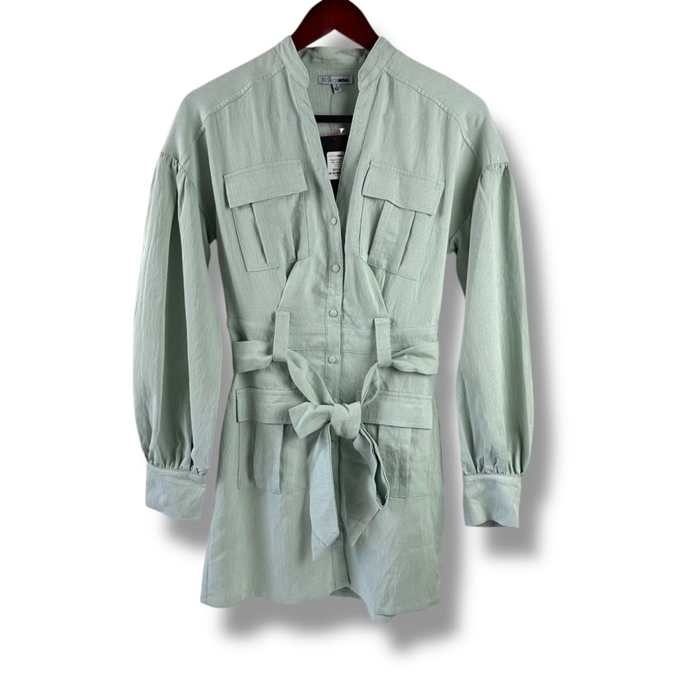 Fashion Nova Women's S Made It Work Shirt Dress Mint Green Long Sleeve Button Up